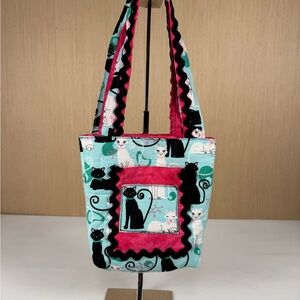Handmade Quilted Cat Print Tote Bag | Lined Fabric Tote | Cute Cat Lover Gift